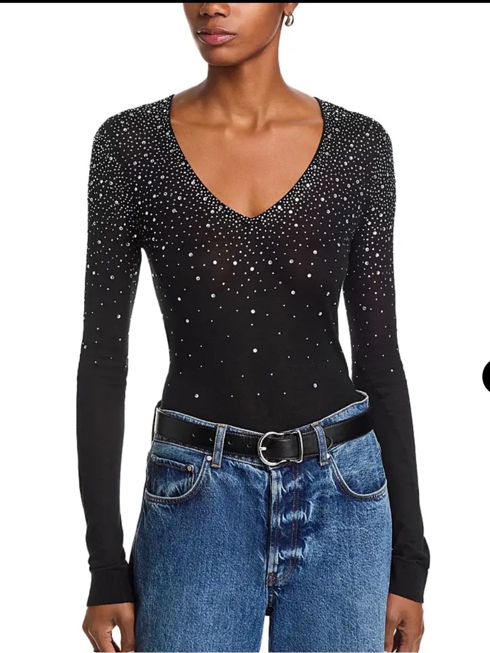 Generation Love Black V-Neck Long Sleeve Top with Rhinestone Accents Marisol top